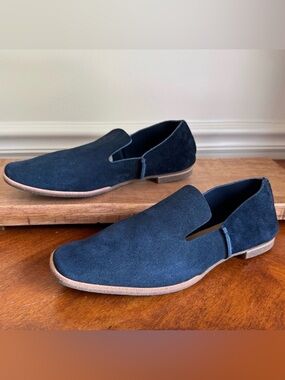 U-DOT Blue Suede Leather Slip On Unisex Flat Loafers Sz Men's 8/Women's 10